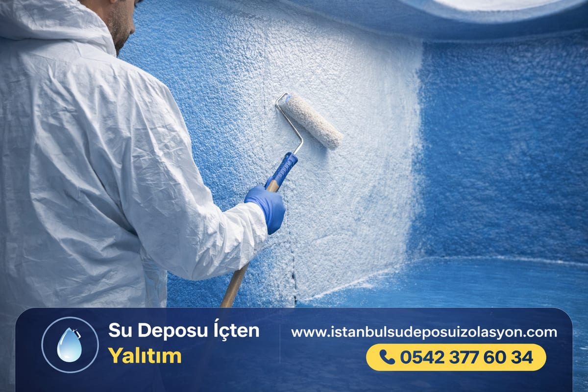 Su deposu içten yalıtım: duvara rulo ile kaplama uygulayan usta (illüstrasyon)