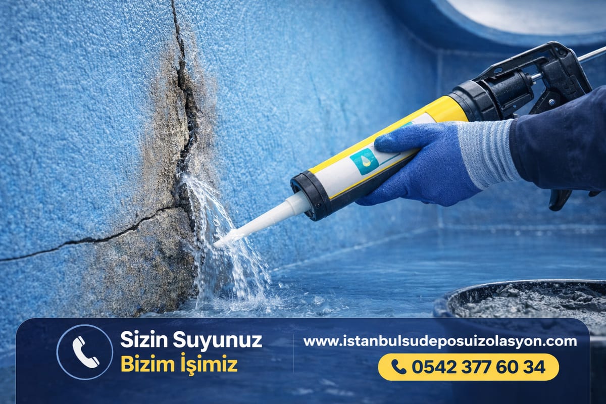 Su deposu duvarındaki çatlaktan gelen su kaçağına müdahale eden usta (illüstrasyon)